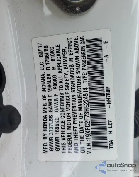 2017 Honda Civic Ex from USA, damaged, VIN 19XFC2F73HE224514